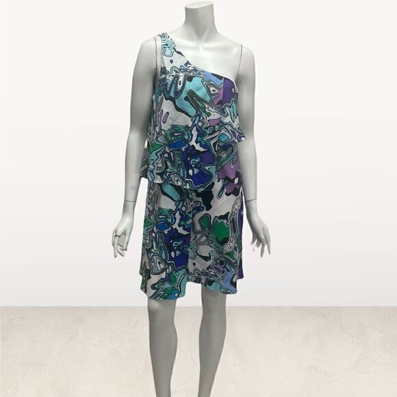 Suzi Chin One Shoulder Retro 70’s Print Tiered Dress - Picture 1 of 7